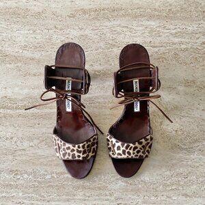 Vintage Manolo Blahnik Leopard Pony Hair Ankle Tie Sandal Heels
